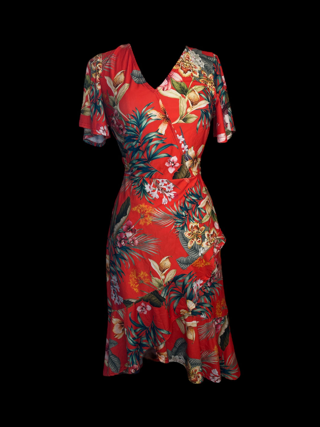 L Carrot orange & multicolor tropical floral print short sleeve v-neckline faux wrap dress w/ asymmetrical hi-lo ruffle skirt