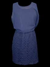 Load image into Gallery viewer, XL Colonial blue sleeveless dress w/ geometric lace overskirt, layered bodice, &amp; elastic waist
