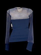 Load image into Gallery viewer, XXS NWT Dark blue long balloon sleeve mock turtleneck top w/ sheer mesh chest &amp; sleeves, &amp; sweetheart neckline
