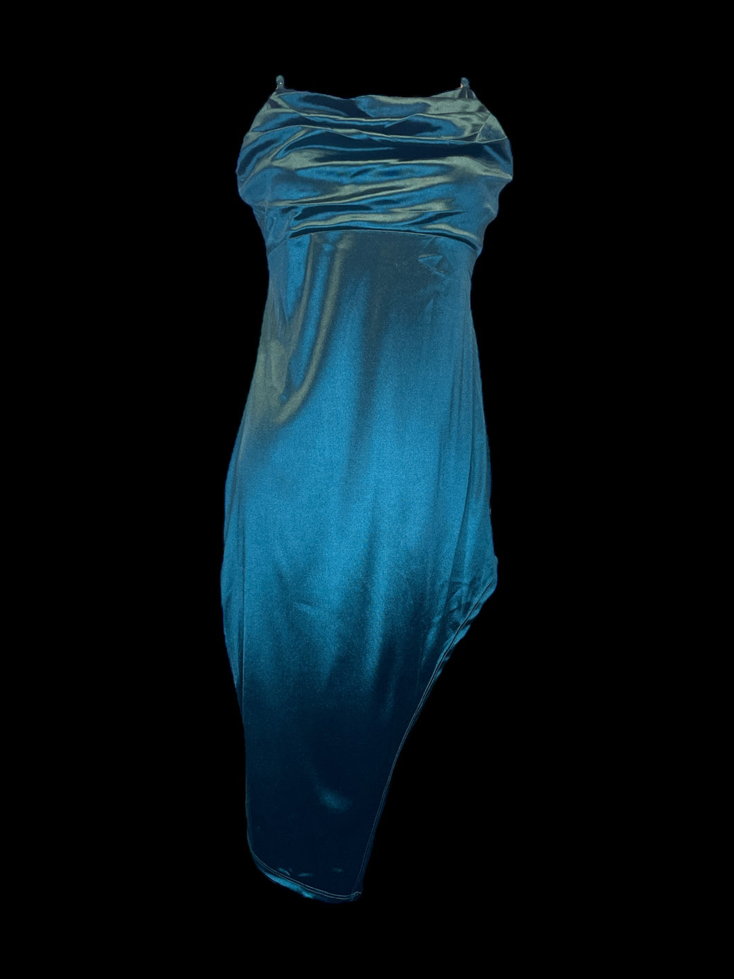 L Dark green blue satin sleeveless pleated neckline dress w/ asymmetric hem, & adjustable straps