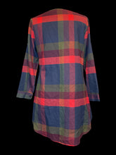 Load image into Gallery viewer, L Red, blue, &amp; green gingham long sleeve scoop neck tunic length top w/ tab button cuffs, chest pocket, side zipper closure, &amp; pockets

