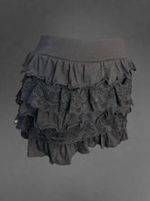 Load image into Gallery viewer, S Black skirt w/ layered lace ruffles, &amp; elastic waist
