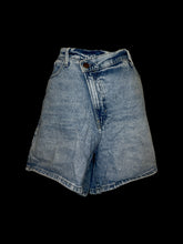 Load image into Gallery viewer, XL Blue denim high-rise shorts w/ pockets, belt loops, &amp; asymmetrical zipper/double button closure
