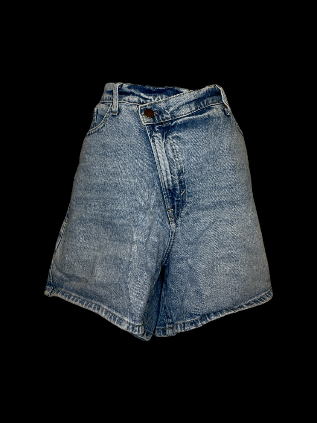 XL Blue denim high-rise shorts w/ pockets, belt loops, & asymmetrical zipper/double button closure