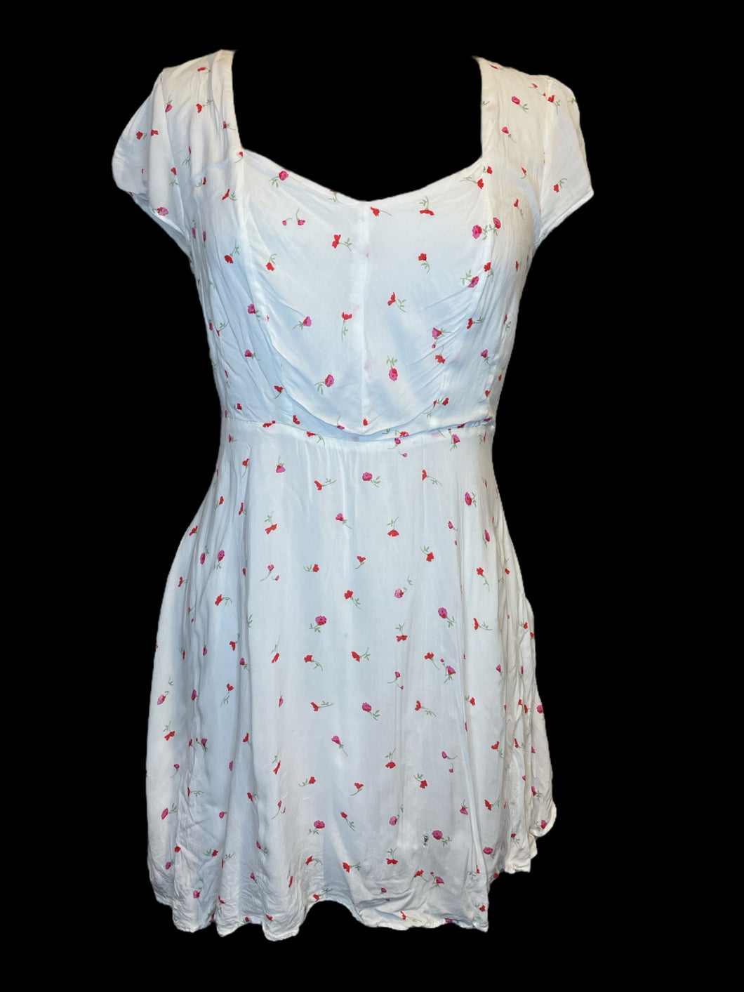 M White, pink, & green floral pattern cap sleeve square neckline peplum top w/ shirred back, & side zipper closure