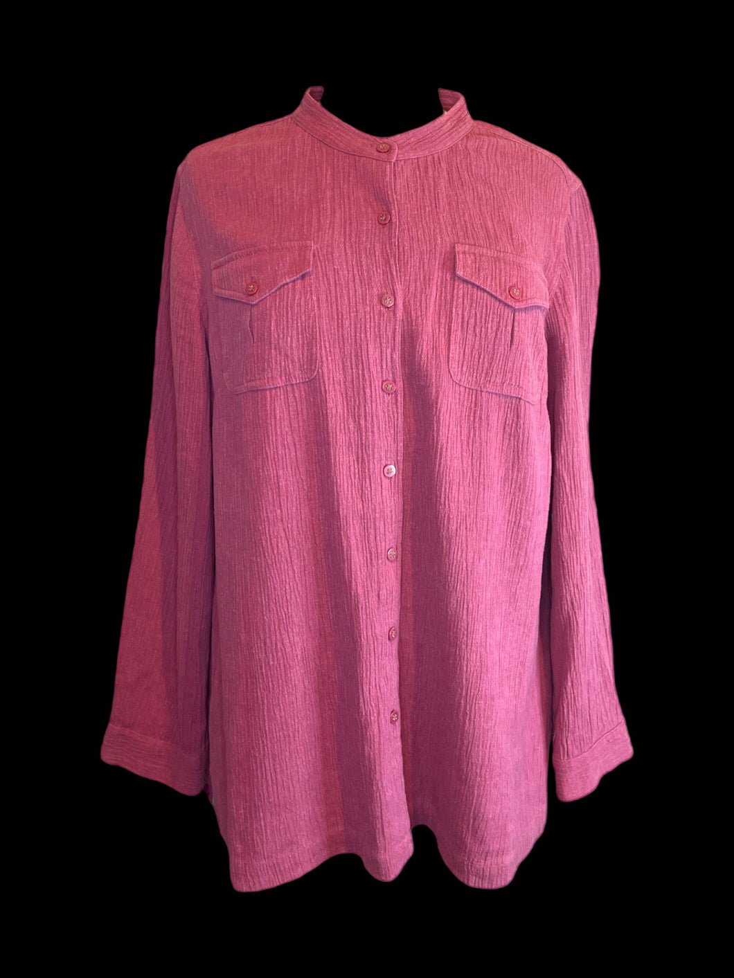 1X Vintage dark pink long sleeve button down linen top w/ tab button cuffs, & chest pockets