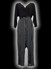 Load image into Gallery viewer, XL NWT Black &amp; grey half sleeve mock-wrap neckline wide striped leg jumpsuit w/ button keyhole closure, cloth belt, &amp; pockets
