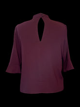 Load image into Gallery viewer, L Burgundy half sleeve high neck top w/ ruffle cuffs, &amp; double button keyhole closure
