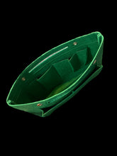Load image into Gallery viewer, Forest green felt purse w/ green stitching, small handle, outer &amp; inner pockets, &amp; silver like snap closure
