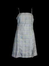 Load image into Gallery viewer, XS Vintage 60s black, white, &amp; yellow houndstooth plaid sleeveless square neckline dress w/ side hem slit, adjustable straps, &amp; zipper closure
