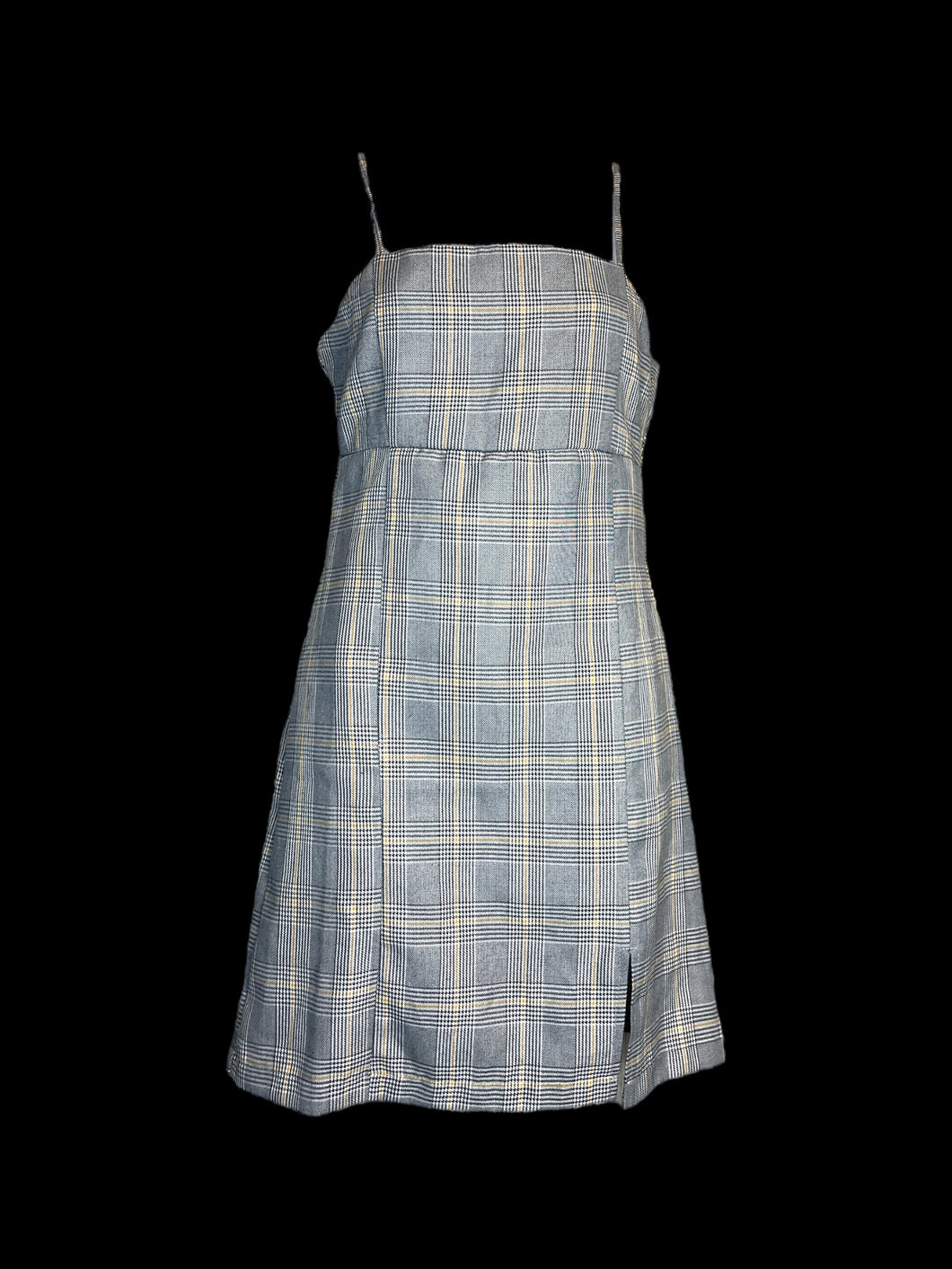 XS Vintage 60s black, white, & yellow houndstooth plaid sleeveless square neckline dress w/ side hem slit, adjustable straps, & zipper closure