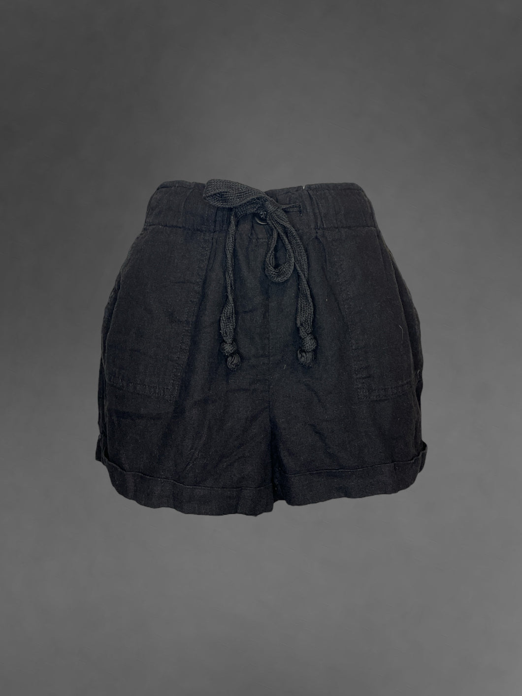 XXS Black high waisted shorts w/ elastic drawstring waist, pockets, button detail, & cuffed hem