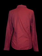 Load image into Gallery viewer, L Red &amp; black micro x pattern long sleeve button down cotton top w/ black buttons, folded collar, button cuffs,
