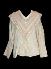 Load image into Gallery viewer, 1X Beige long sleeve deep v neckline button down top w/ crochet paneling, shirred cuffs, &amp; cloth buttons
