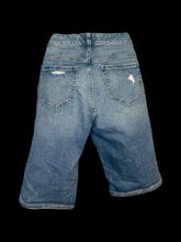Load image into Gallery viewer, L Blue distressed &amp; faded denim Bermuda shorts w/ pockets, belt loops, &amp; button/zipper closure
