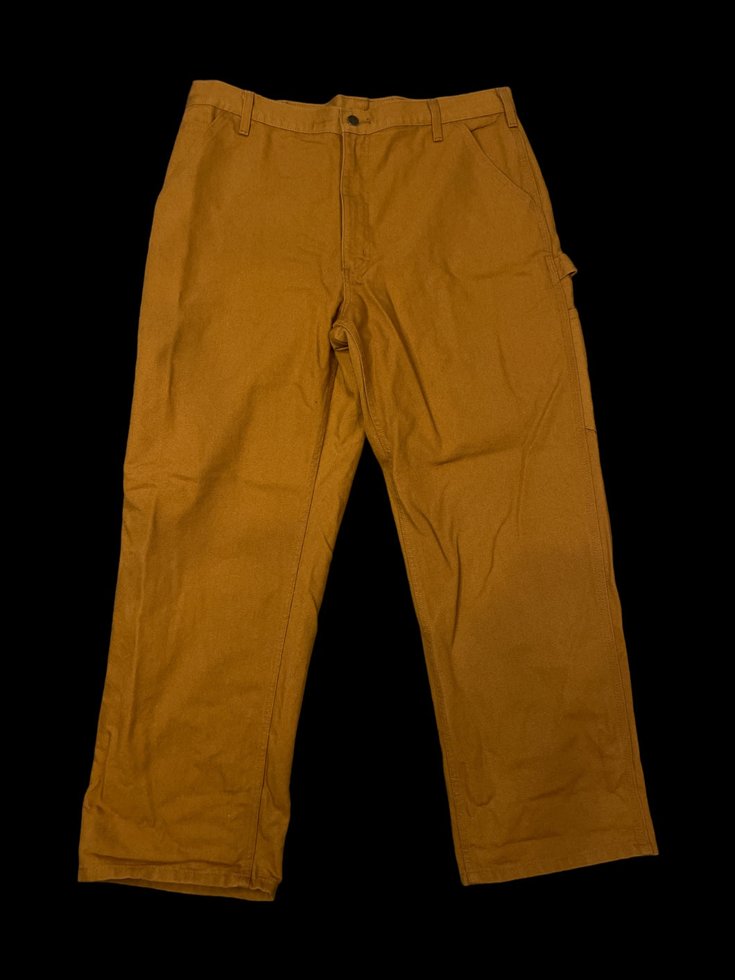 XL Dijon brown Carhartt cotton canvas carpenter pants w/ belt loops, tool pocket/loop, pockets, & button/zipper closure