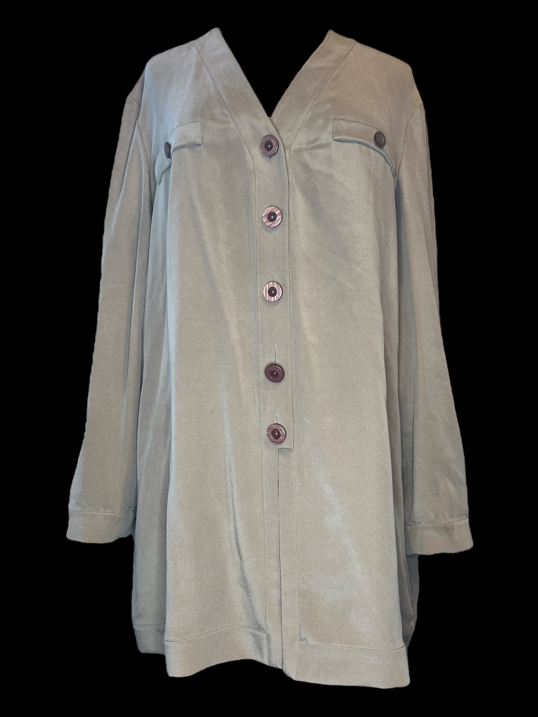 1X Beige silk 3/4 sleeve button down v-neckline top w/ chest pockets, & front hem slit