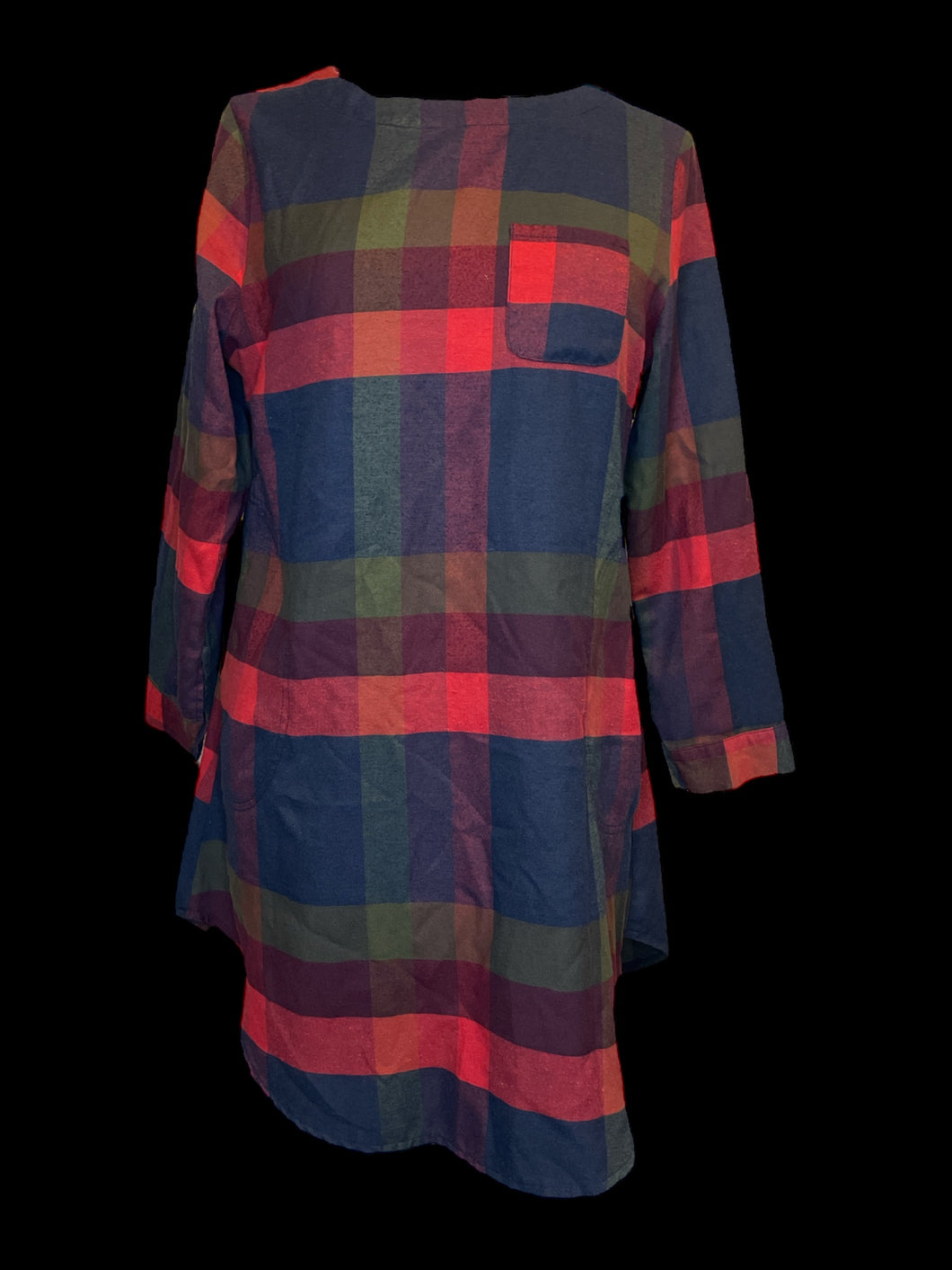 L Red, blue, & green gingham long sleeve scoop neck tunic length top w/ tab button cuffs, chest pocket, side zipper closure, & pockets