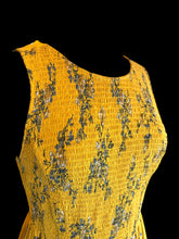 Load image into Gallery viewer, S Yellow &amp; blue floral print sleeveless round neckline dress w/ shirred bodice, &amp; button up back
