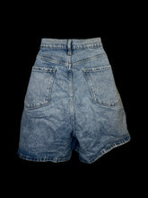 Load image into Gallery viewer, XL Blue denim high-rise shorts w/ pockets, belt loops, &amp; asymmetrical zipper/double button closure
