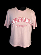 Load image into Gallery viewer, L Light pink short sleeve crew neck crop top w/ white &amp; red collegiate lettering “California West Coast”

