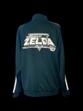 Load image into Gallery viewer, 1X Emerald green &amp; white two stripe zip-up track jacket w/ “Legend of Zelda” patch on chest, white “The Legend of Zelda” logo on back, pockets, &amp; ribbed hem
