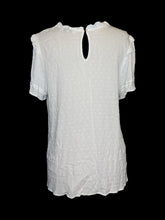 Load image into Gallery viewer, 0X White short butterfly sleeve ruffle scoop neckline top w/ textured fabric, pleated chest, &amp; button keyhole closure
