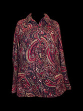 Load image into Gallery viewer, 3X Vintage red, black, &amp; gold paisley long sleeve button down top w/ folded collar, button cuffs, &amp; chest pockets
