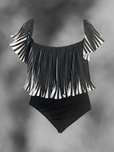 Load image into Gallery viewer, M Black &amp; white pleated off the shoulder bodysuit w/ snap crotch

