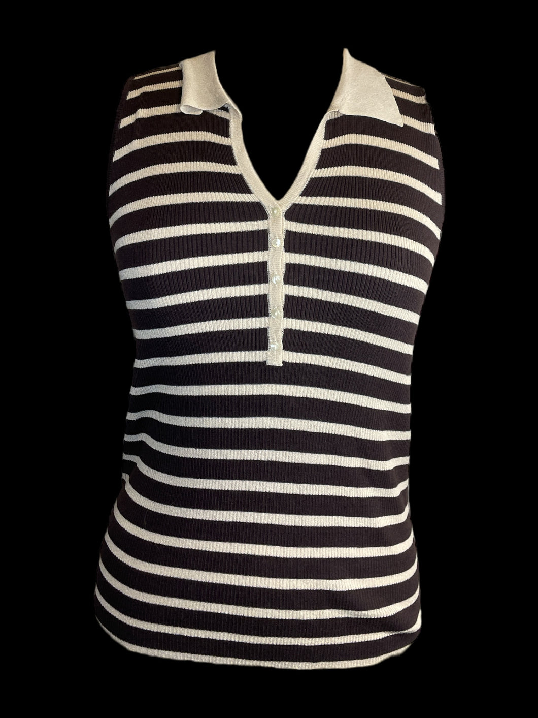 XL Vintage 50s Brown & beige stripe sleeveless ribbed top w/ collar, & button-down bust
