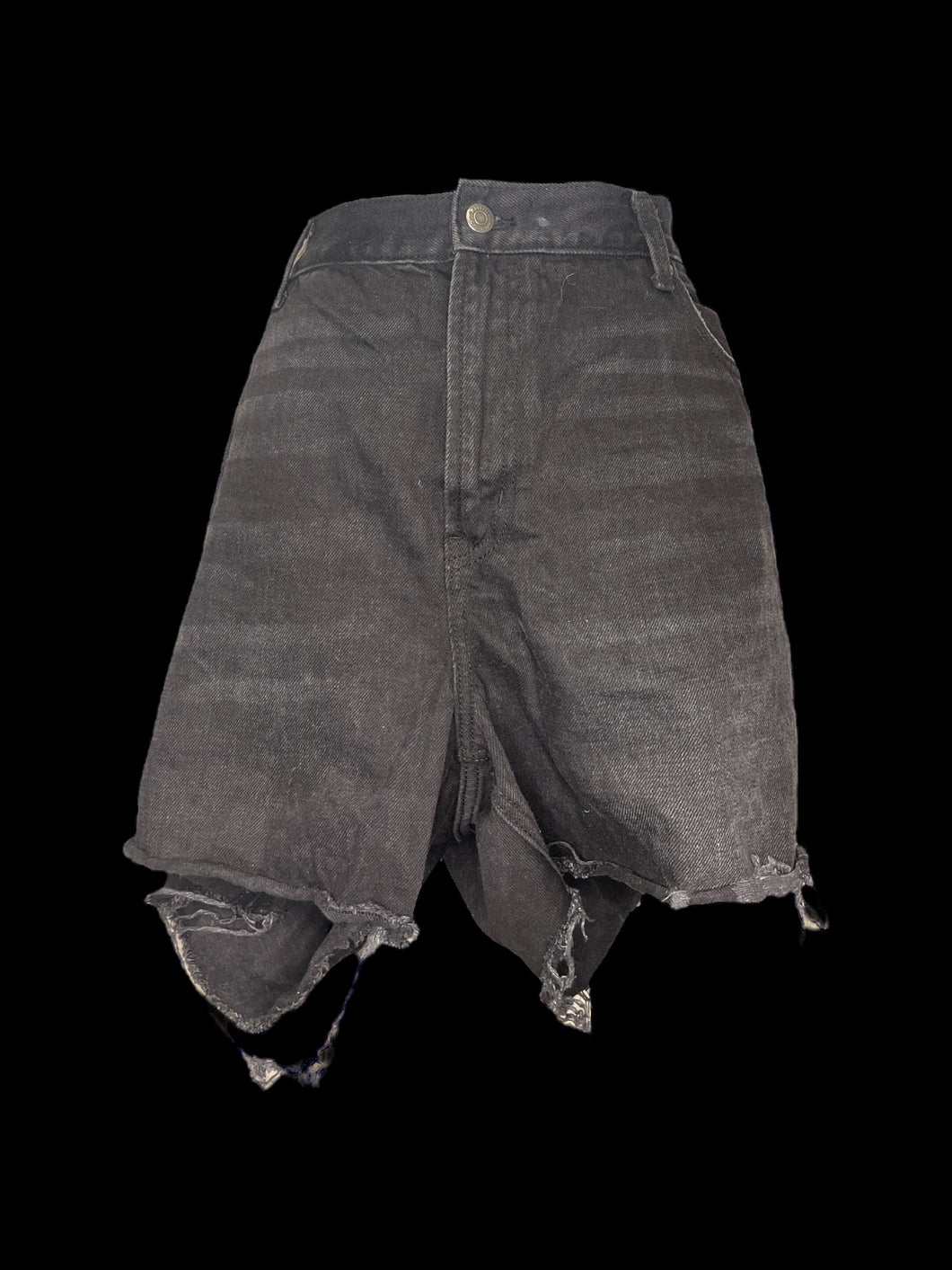 1X Black denim distressed hem high waisted shorts w/ pockets, belt loops, & button/zipper closure