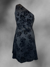 Load image into Gallery viewer, L Black sleeveless one-shoulder dress w/ velvet floral detail, &amp; side zipper closure
