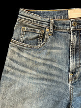 Load image into Gallery viewer, M Blue denim high waist pants w/ slight fading, straight legs, pockets, belt loops, &amp; button/zipper closure
