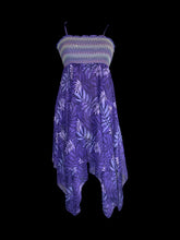 Load image into Gallery viewer, M Vintage Purple sleevless midi dress w/ botanical pattern, shired bust, beaded shoulder tie straps, asymmetric hem, &amp; short lavender lining
