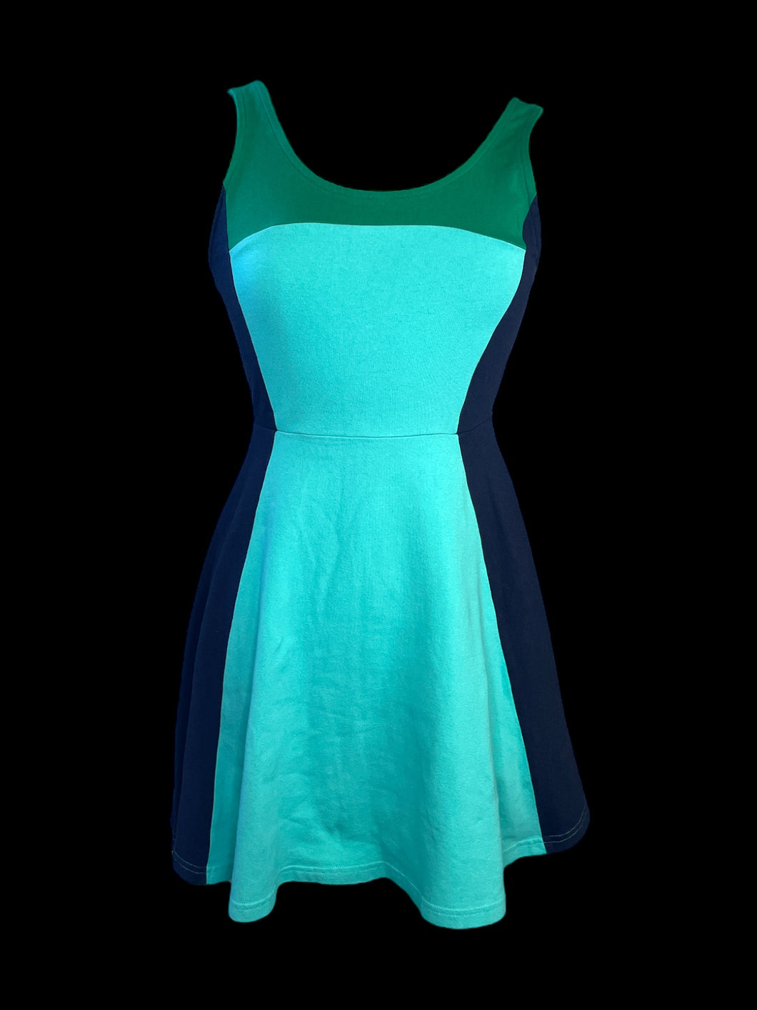 S Mint, green, & dark blue color block sleeveless a-line dress w/ clasp/zipper closure