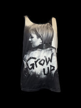 Load image into Gallery viewer, 0X Greyscale sleeveless athletic mesh top w/ graphic of person wearing jacket w/ text reading “Grow Up”
