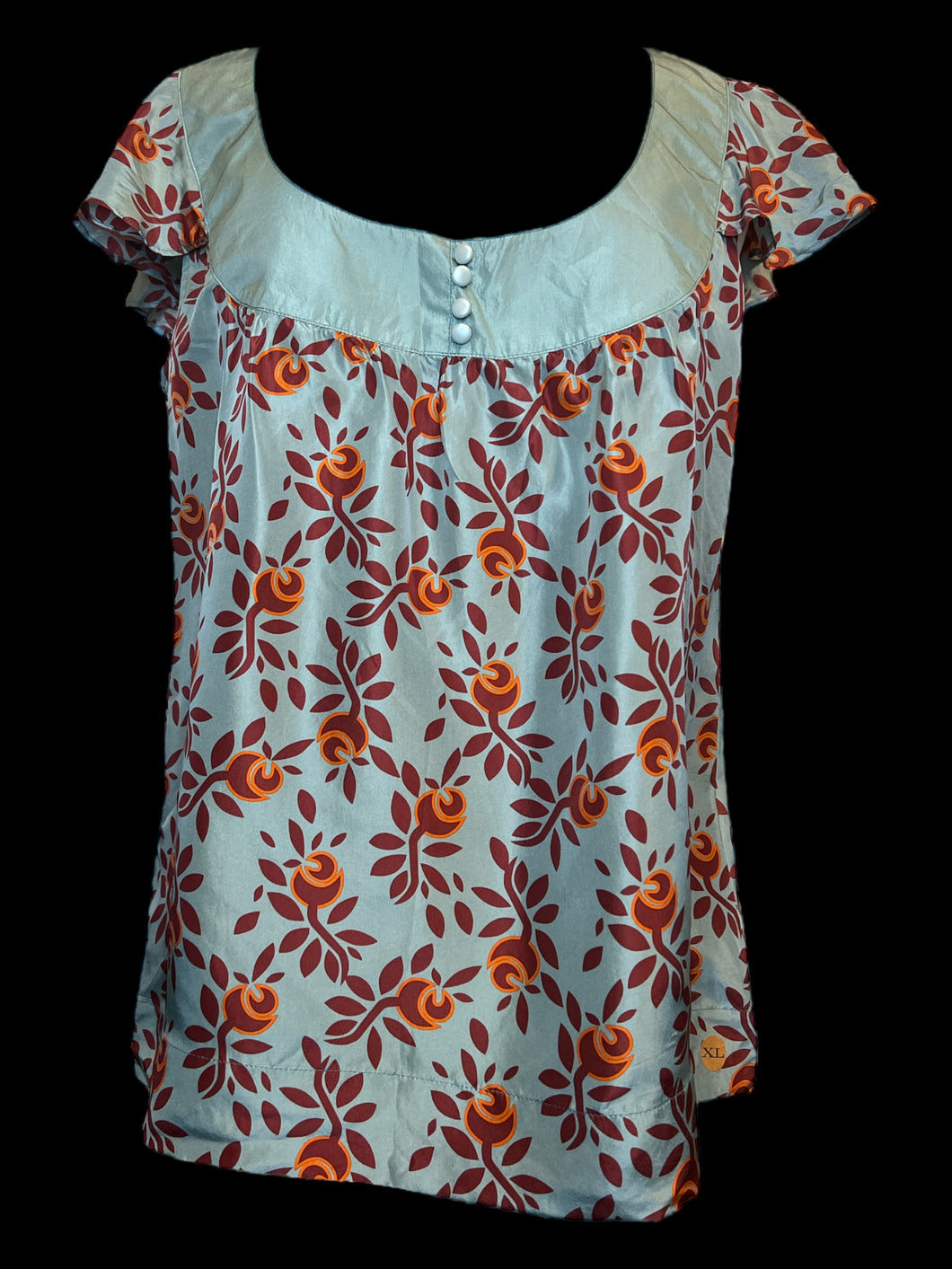 L NWT Grey blue, burgundy, & orange floral pattern silk cap sleeve round neckline top w/ button accents