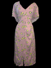 Load image into Gallery viewer, 3X Dusty rose &amp; yellow, green, &amp; white lemon pattern short sleeve v-neck dress w/ faux button front, dusty rose lining &amp; petticoat, &amp; button keyhole closure
