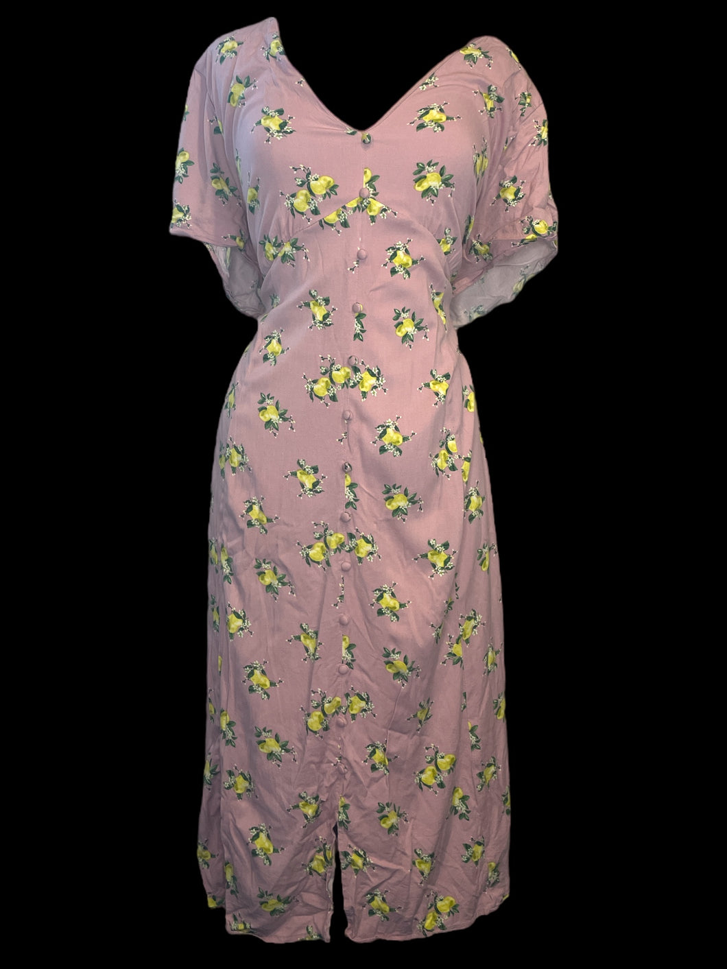 3X Dusty rose & yellow, green, & white lemon pattern short sleeve v-neck dress w/ faux button front, dusty rose lining & petticoat, & button keyhole closure