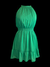 Load image into Gallery viewer, L Green sleeveless high neck dress w/ pleating, ruffles, elastic waist, &amp; button keyhole closure
