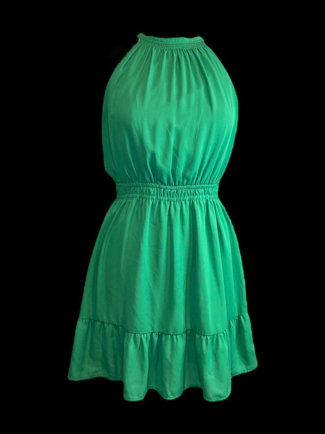 L Green sleeveless high neck dress w/ pleating, ruffles, elastic waist, & button keyhole closure