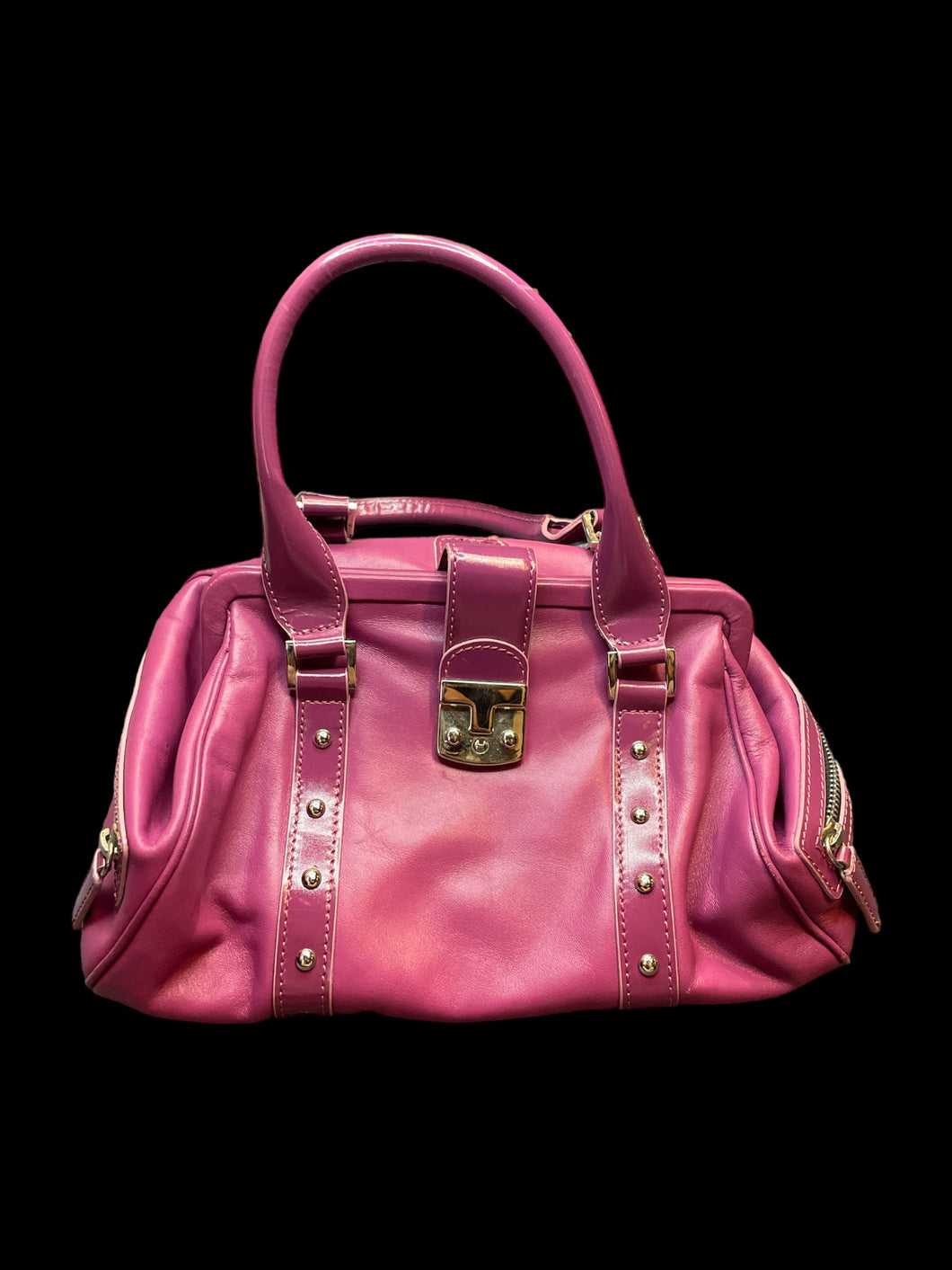 Fuchsia leather doctor-style bag w/ silver-like hardware, & latching clasp