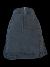 Load image into Gallery viewer, L Black denim skirt w/ coral, light blue, &amp; silver floral embroidery, pockets, &amp; zipper closure
