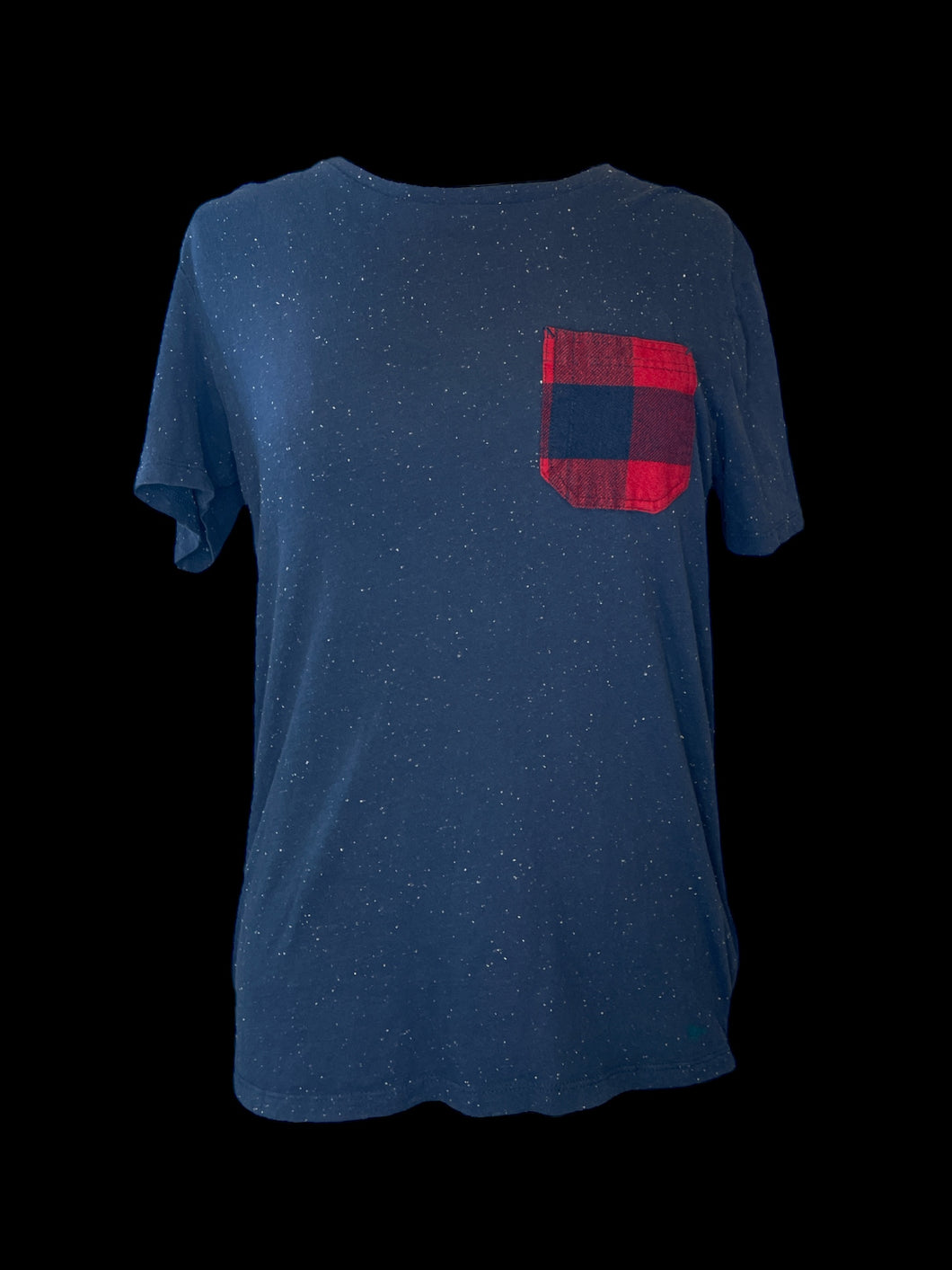 L Grey blue & white short sleeve crew neck top w/ red & black plaid chest pocket