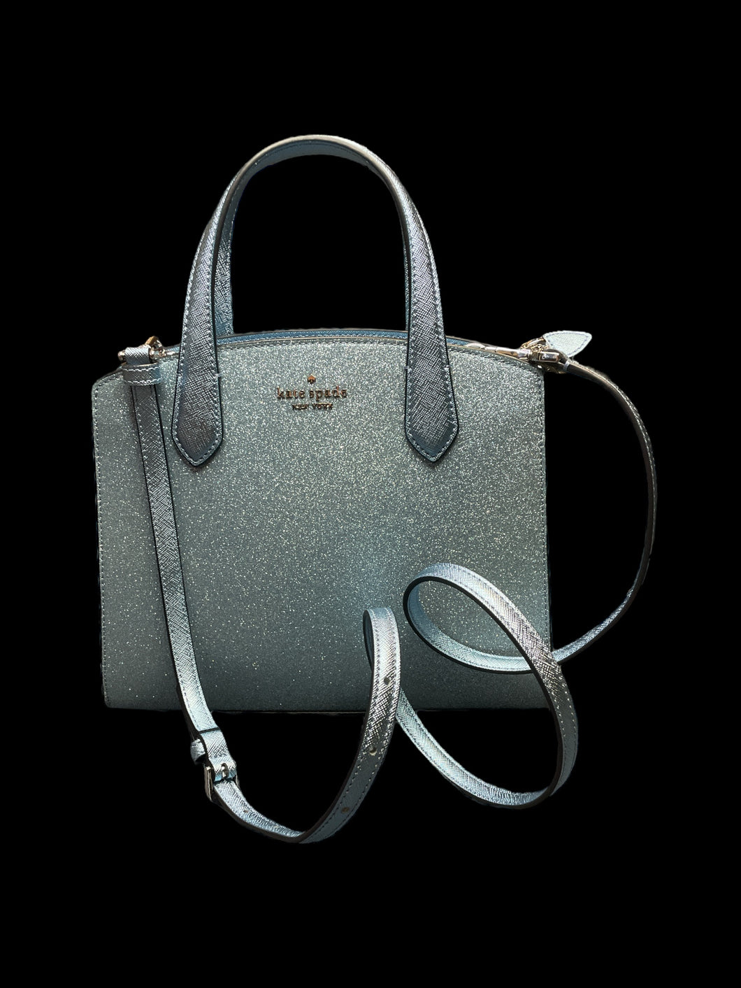 Aqua & metallic silver Kate Spade crossbody bag w/ top handles, adjustable removable strap, original tag, & zipper closure