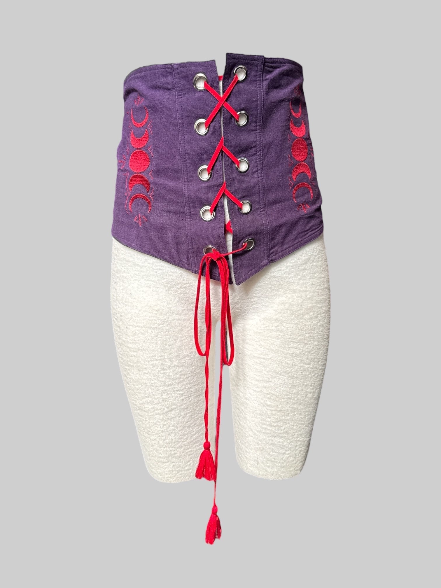 1X purple corset with red embroidery and lace