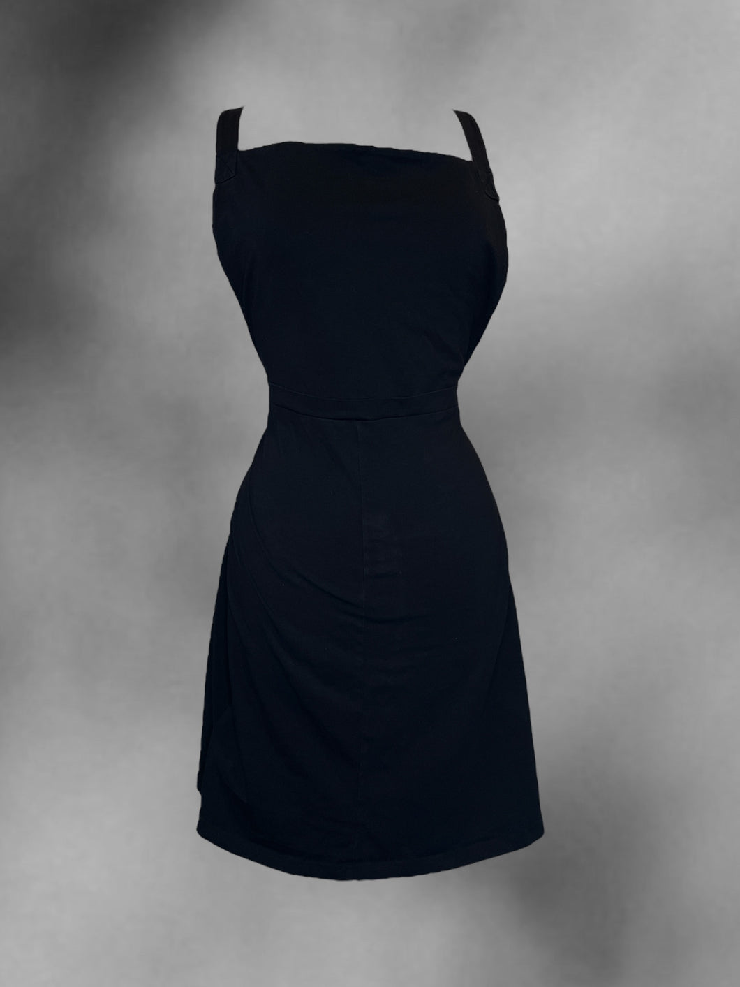 2X Black cotton overall dress w/ flare skirt, & crossing straps