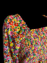 Load image into Gallery viewer, XL Multicolor balloon short sleeve dress w/ floral pattern, pockets, &amp; shirred bust
