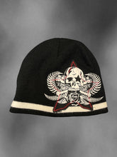 Load image into Gallery viewer, Black, white, &amp; red skull, star, &amp; rose pattern knit cap
