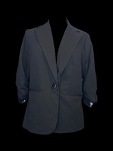 Load image into Gallery viewer, L Black 3/4 sleeve single breasted blazer w/ ruched sleeves, folded collar, &amp; mock pockets
